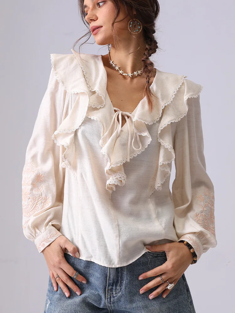 French Embroidered Shirt Blouses Women 2025 Spring And Summer Apricot Long-sleeve Lace-up V-neck Ruffle Top
French Embroidered Shirt Blouses Women 2025 Spring And Summer Apricot Long-sleeve Lace-up V-neck Ruffle Top