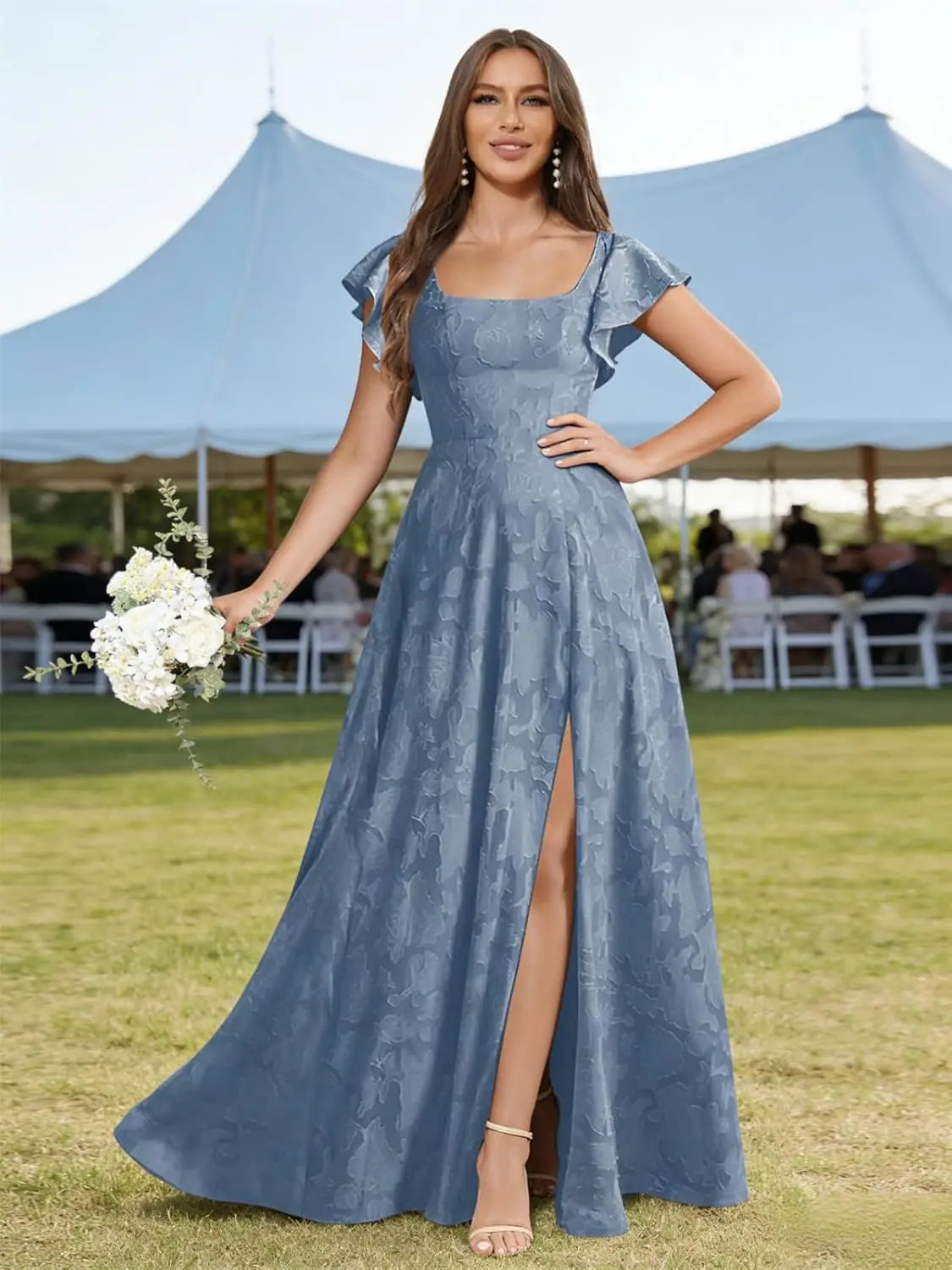 Floral Bridesmaid Dresses for Women Long A-Line Square Neck Lace Formal Evening Gown with Sleeves Slit
Floral Bridesmaid Dresses for Women Long A-Line Square Neck Lace Formal Evening Gown with Sleeves Slit