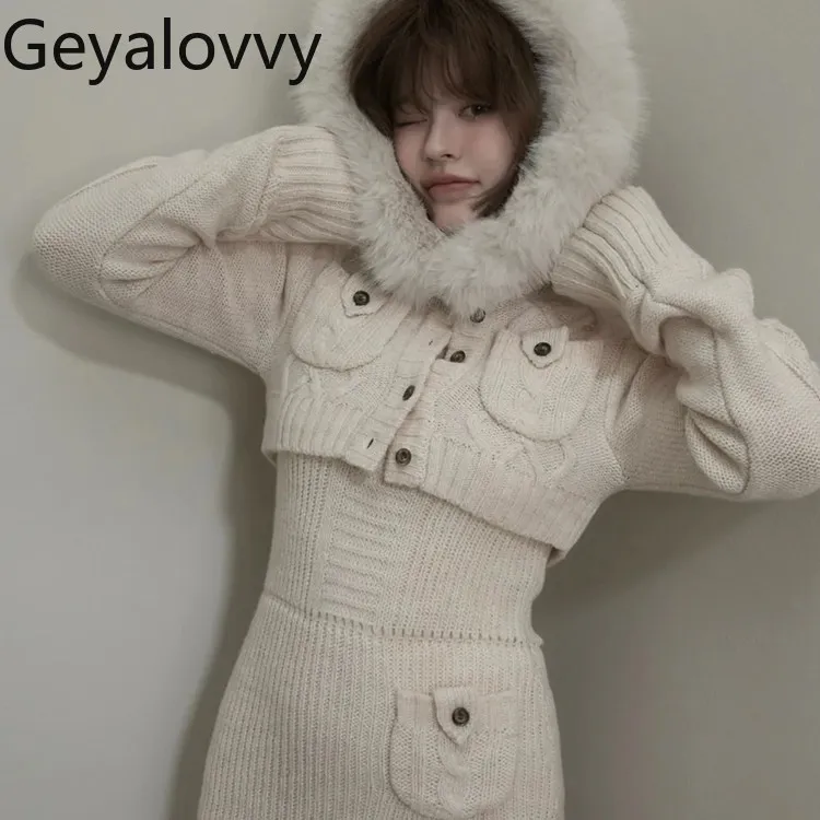 Japanese Style Hooded Fur Collar Short Sweater Cardigan + Hem Slit Knitted Strap Dress Sweet Girl Versatile Two-Piece Set
Japanese Style Hooded Fur Collar Short Sweater Cardigan + Hem Slit Knitted Strap Dress Sweet Girl Versatile Two-Piece Set