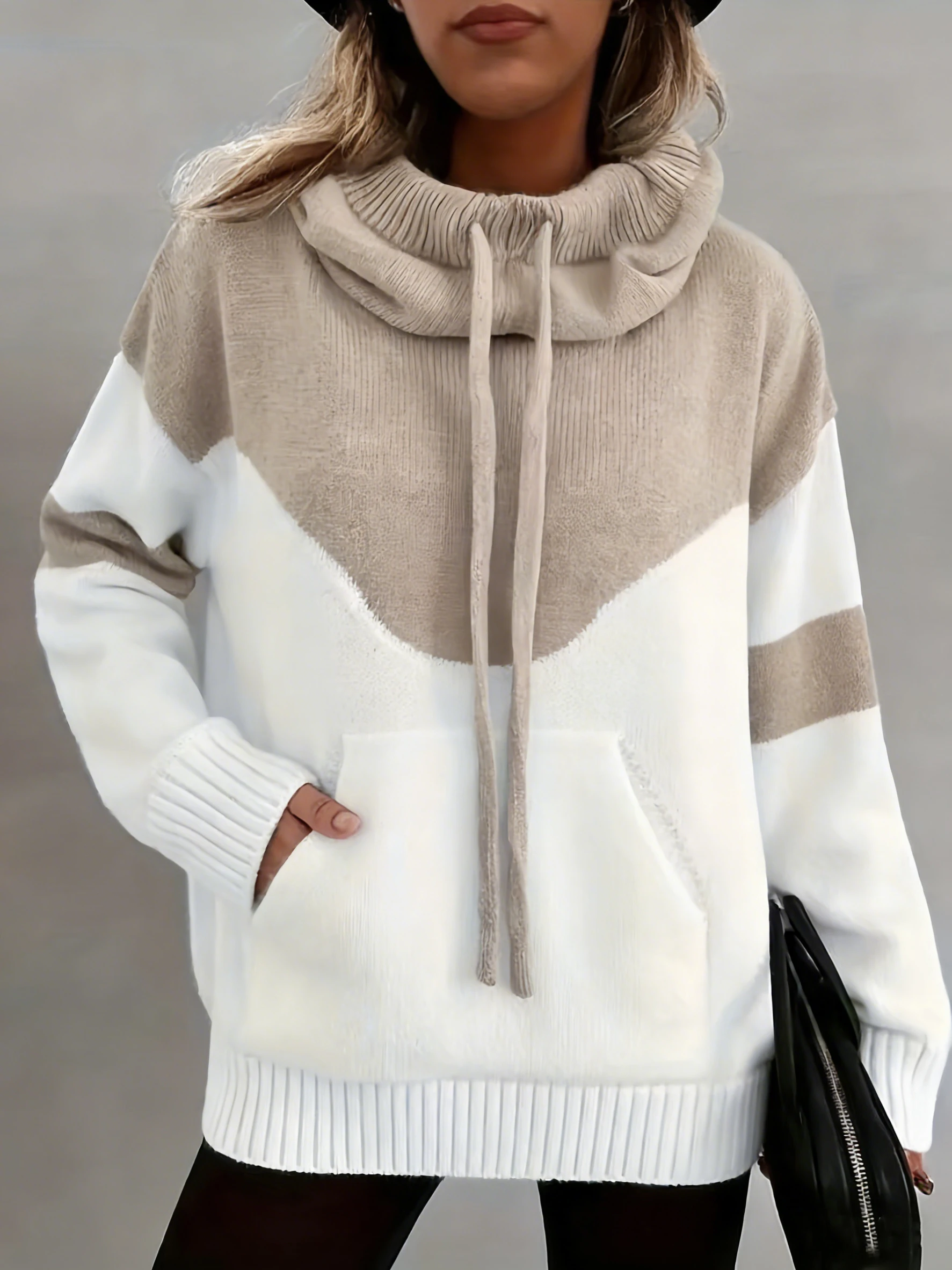 Women's designer-style hooded knitted sweater, elegant and fashionable sporty look, autumn and winter khaki color block top
Women's designer-style hooded knitted sweater, elegant and fashionable sporty look, autumn and winter khaki color block top