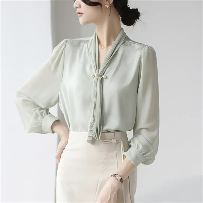Retro Ribbon Blouse Women's Shirt Long Sleeved Shirt for Women V-neck Pullover Shirt OL Professional Female Shirts
Retro Ribbon Blouse Women's Shirt Long Sleeved Shirt for Women V-neck Pullover Shirt OL Professional Female Shirts