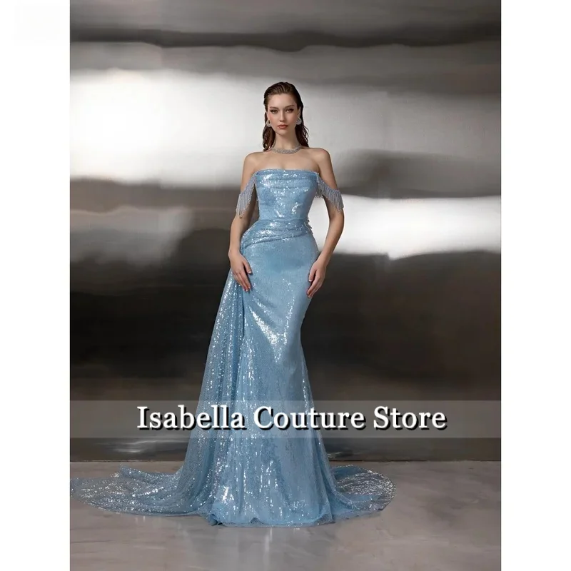 Customized Blue Sequins Off The Shoulder robes de soirée Strapless Mermaid Party Dresses Floor-Length Prom Dress 2025
Customized Blue Sequins Off The Shoulder robes de soirée Strapless Mermaid Party Dresses Floor-Length Prom Dress 2025