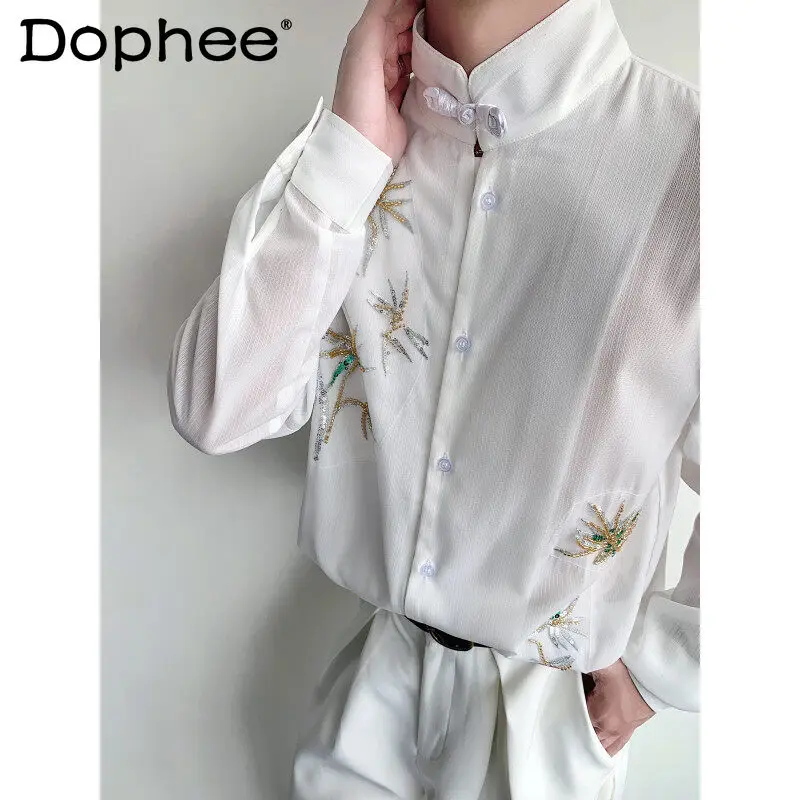 Men's 2025 Summer New Long-sleeve Stand Collar Shirts Trendy New Chinese Perspective Sequin Embroidered Bead Bamboo Leaf Shirts 
Men's 2025 Summer New Long-sleeve Stand Collar Shirts Trendy New Chinese Perspective Sequin Embroidered Bead Bamboo Leaf Shirts