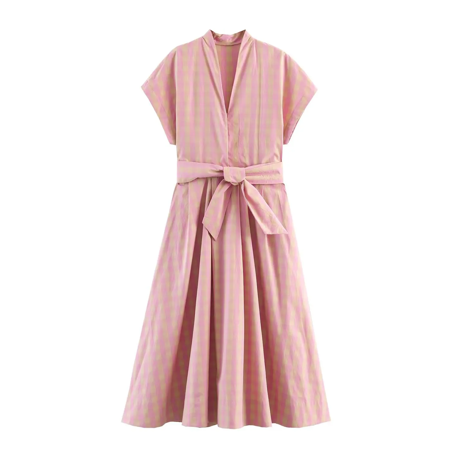 TFMLN New Summer Women's Midi Dress Chic Plaid Fashionable V-neck Commuter Clothes With Belt Elegant Office Lady Dresses 22 S8ba0417bb3894c0b849b662f4b137479e