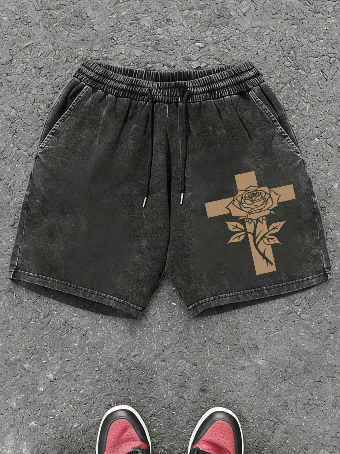 Mens Black Vintage Washed Cotton Shorts With Cross And Rose Print Elastic Waist Drawstring Casual Streetwear
Mens Black Vintage Washed Cotton Shorts With Cross And Rose Print Elastic Waist Drawstring Casual Streetwear