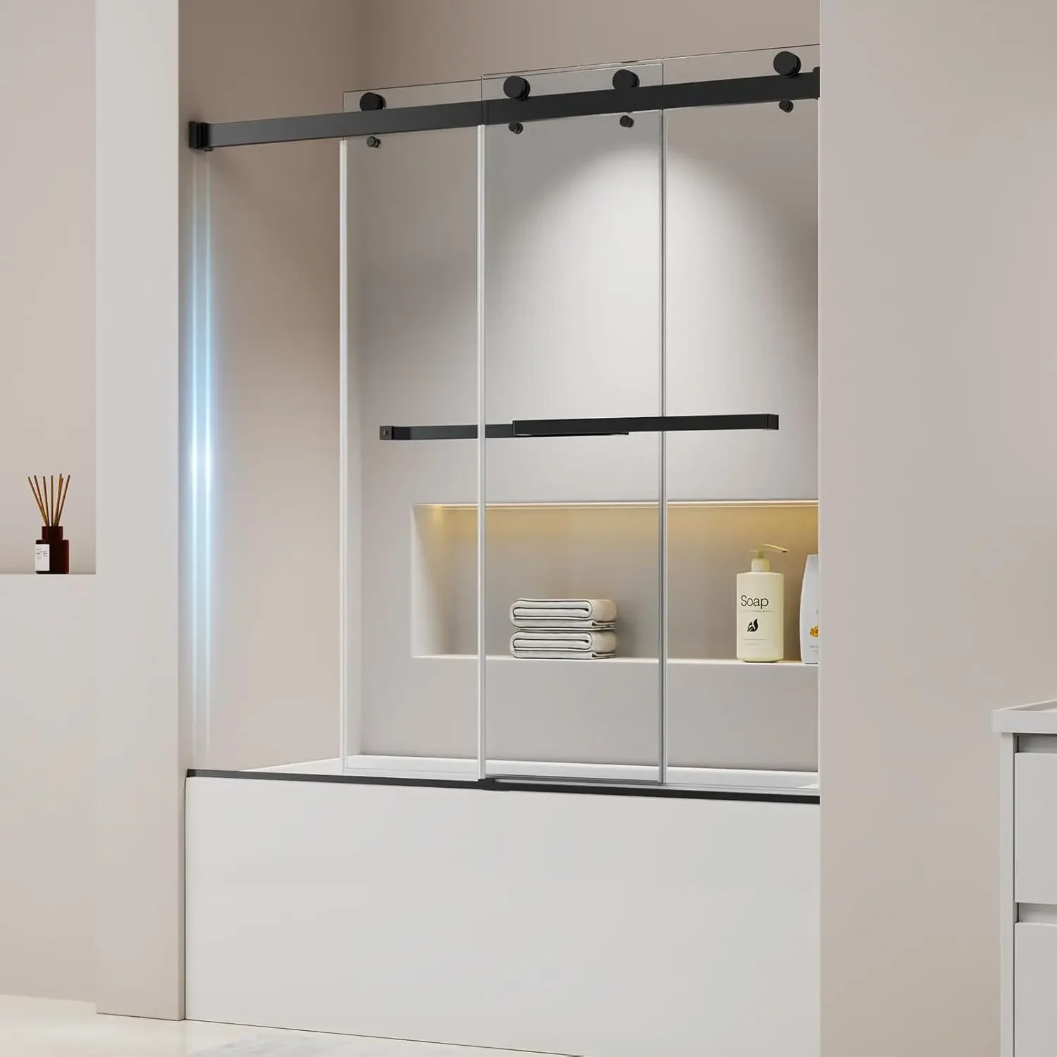 Frameless Sliding Bathtub Shower Door 60" W x 60" H, 1/4" (6mm) Clear Tempered Glass Tub Shower Door, Double Sliding Glass Showe
Frameless Sliding Bathtub Shower Door 60" W x 60" H, 1/4" (6mm) Clear Tempered Glass Tub Shower Door, Double Sliding Glass Showe