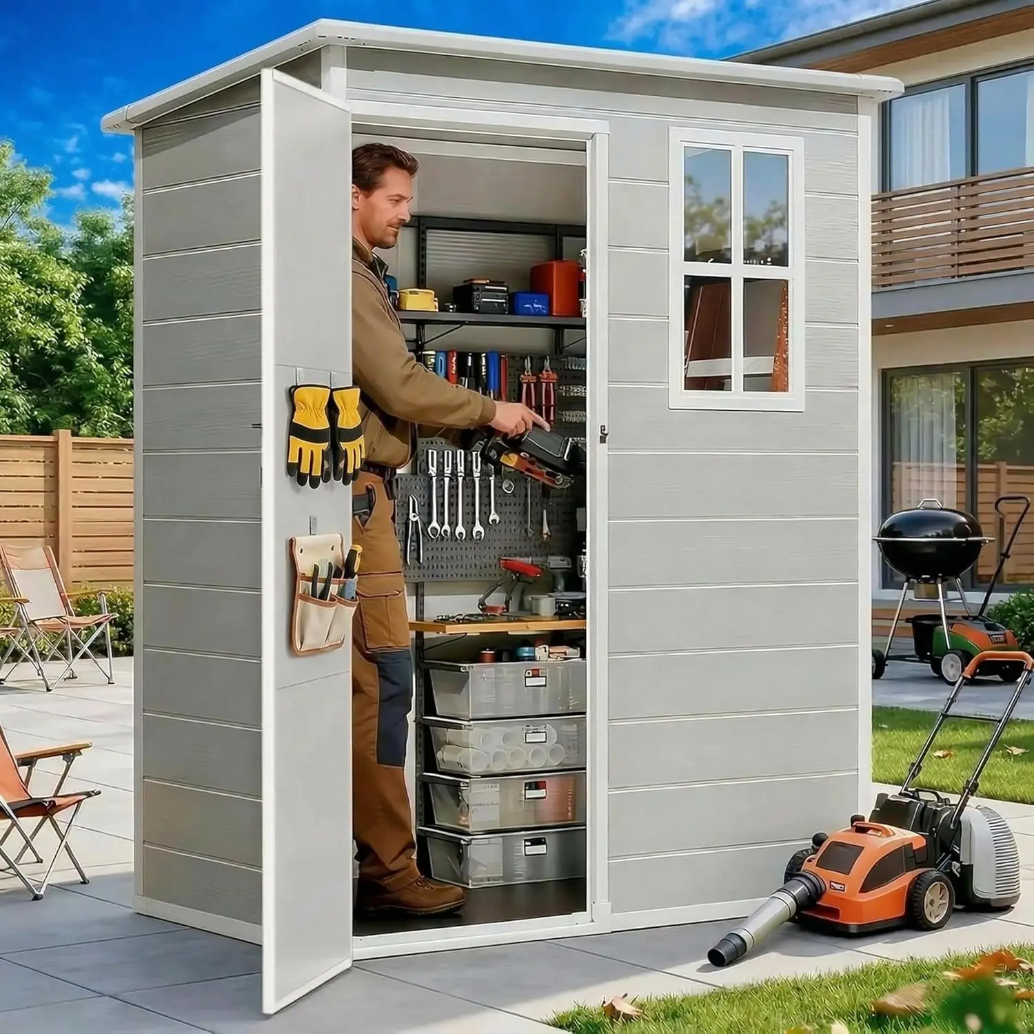 5x3 FT Resin Outdoor Storage Shed, Weather-Resistant Plastic Garden Tool Shed with Floor and Lockable Door for, Customized
5x3 FT Resin Outdoor Storage Shed, Weather-Resistant Plastic Garden Tool Shed with Floor and Lockable Door for, Customized