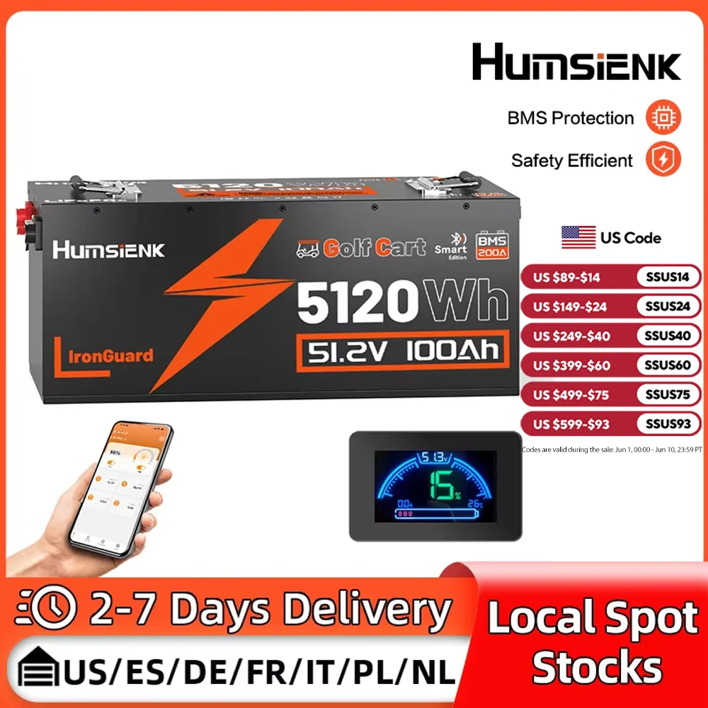 Humsienk 48V 100Ah LiFePO4 Bluetooth Rechargeable Battery With Cylindrical Structure Metal Case&200A BMS Max 5120Wh For Golf Car
Humsienk 48V 100Ah LiFePO4 Bluetooth Rechargeable Battery With Cylindrical Structure Metal Case&200A BMS Max 5120Wh For Golf Car