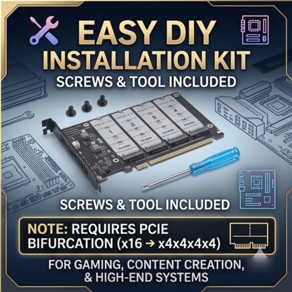 PCIe 5.0 X16 to 4 Port M.2 NVMe SSD Adapter Card Support Channel Bifurcation Raid Expansion Board with Cooling Fan for Server
PCIe 5.0 X16 to 4 Port M.2 NVMe SSD Adapter Card Support Channel Bifurcation Raid Expansion Board with Cooling Fan for Server