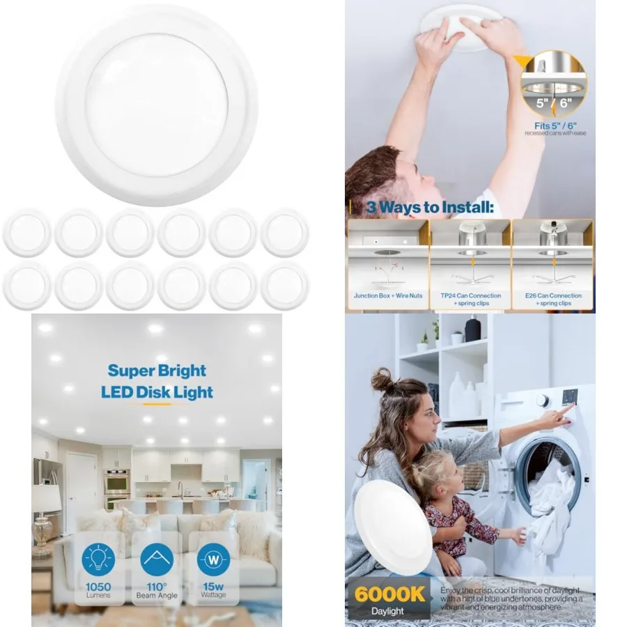 12 Pack 5/6" LED Disk Lights Flush Mount Ceiling Light Fixture Recessed, 100W Equivalent 15W, 1050LM, Dimmable Low Profile Surf
12 Pack 5/6" LED Disk Lights Flush Mount Ceiling Light Fixture Recessed, 100W Equivalent 15W, 1050LM, Dimmable Low Profile Surf
