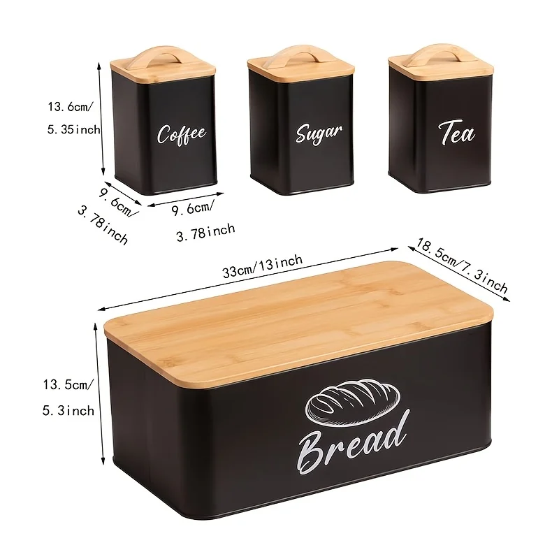 Set Of 4pcs, Kitchen Bread, Coffee, Tea And Sugar Classification Storage Container, Large Capacity Bread Box