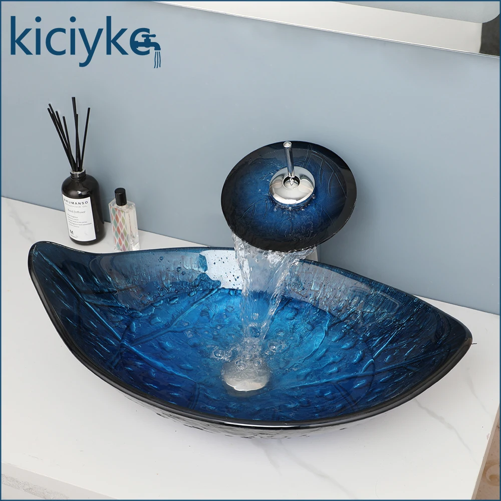 Blue Leaf Shape Textured Tempered Glass Vessel Sink Set with Chrome Waterfall Faucet Brown Artistic Countertop Bathroom Bowl Sink
Blue Leaf Shape Textured Tempered Glass Vessel Sink Set with Chrome Waterfall Faucet Brown Artistic Countertop Bathroom Bowl Sink
