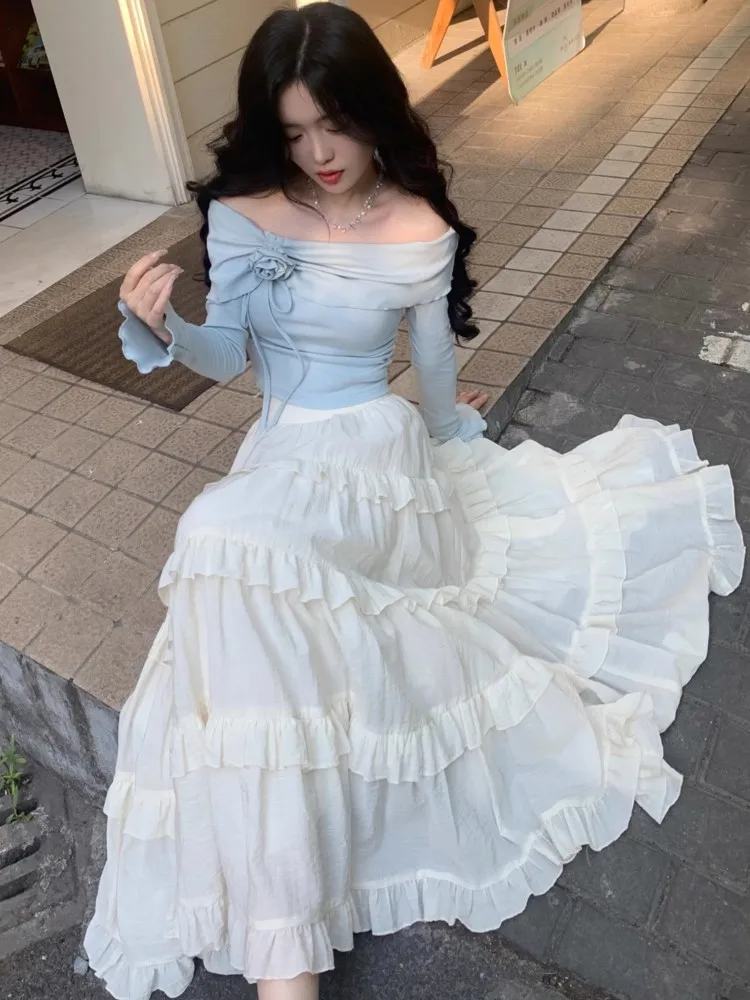 Korean Elegant Outfits Two Piece Skirt Set Women Off Shoulder Long Sleeve Blue Tops +High Waist A-line Midi Skirt Autumn New
Korean Elegant Outfits Two Piece Skirt Set Women Off Shoulder Long Sleeve Blue Tops +High Waist A-line Midi Skirt Autumn New