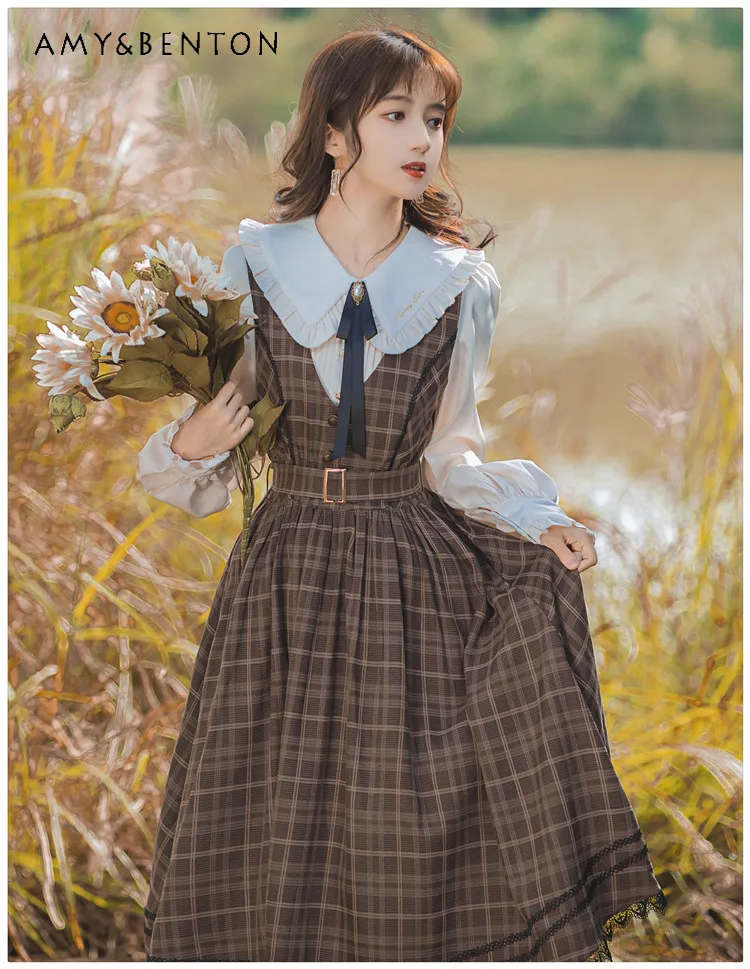 Spring New Preppy Style Retro Doll Collar Lantern Sleeve Shirt High Waist Plaid Sleeveless Dress Two Piece Sets Womens Outifits
Spring New Preppy Style Retro Doll Collar Lantern Sleeve Shirt High Waist Plaid Sleeveless Dress Two Piece Sets Womens Outifits