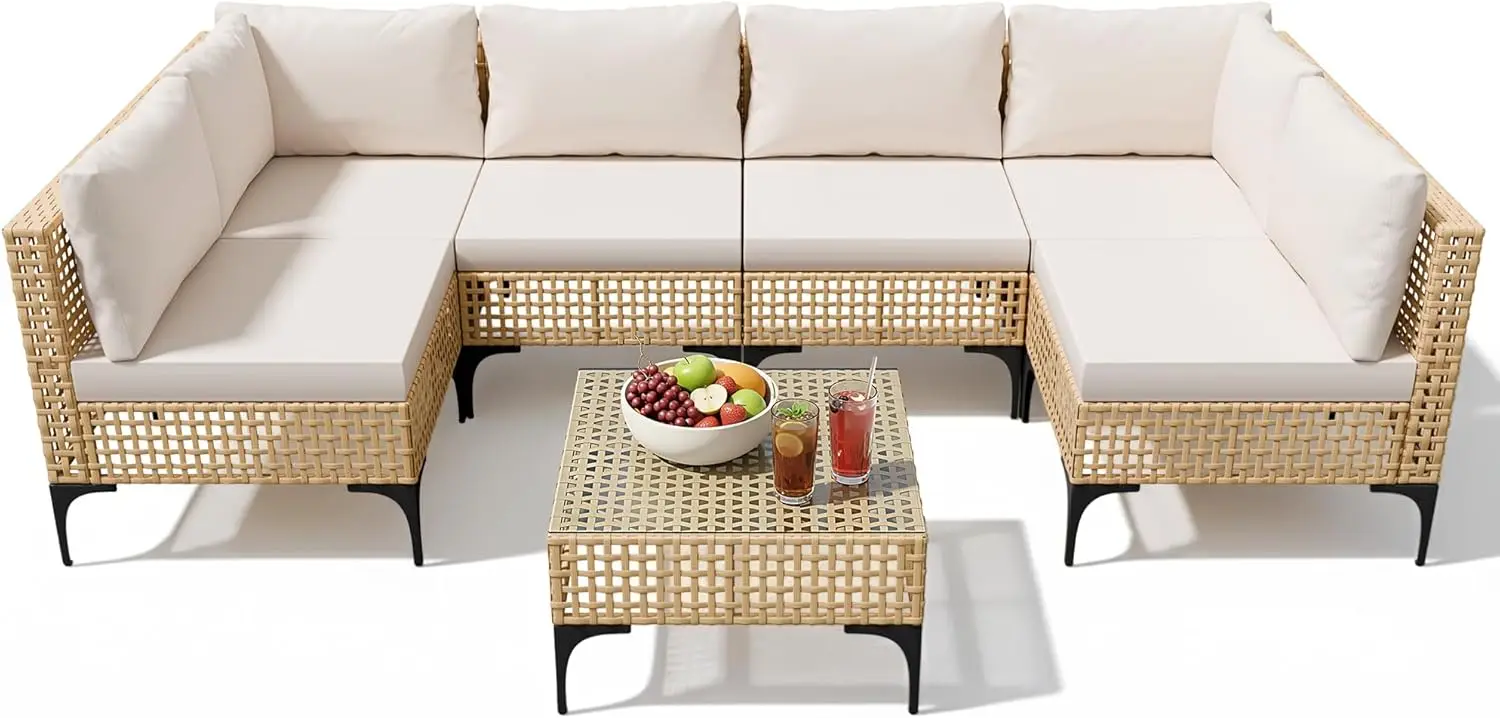 Patio Furniture Set,7 Pieces Outdoor Wicker Sectional Couch with Thick Cushions &Glass Tabletop, PE
Patio Furniture Set,7 Pieces Outdoor Wicker Sectional Couch with Thick Cushions &Glass Tabletop, PE