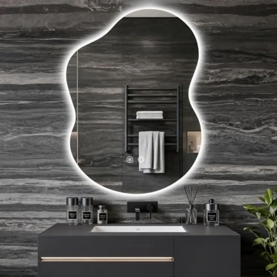 Bathroom asymmetrical lighted mirror, tempered glass, white/silver, fog-free tri-color dimmable LED lighting with memory functi
Bathroom asymmetrical lighted mirror, tempered glass, white/silver, fog-free tri-color dimmable LED lighting with memory functi