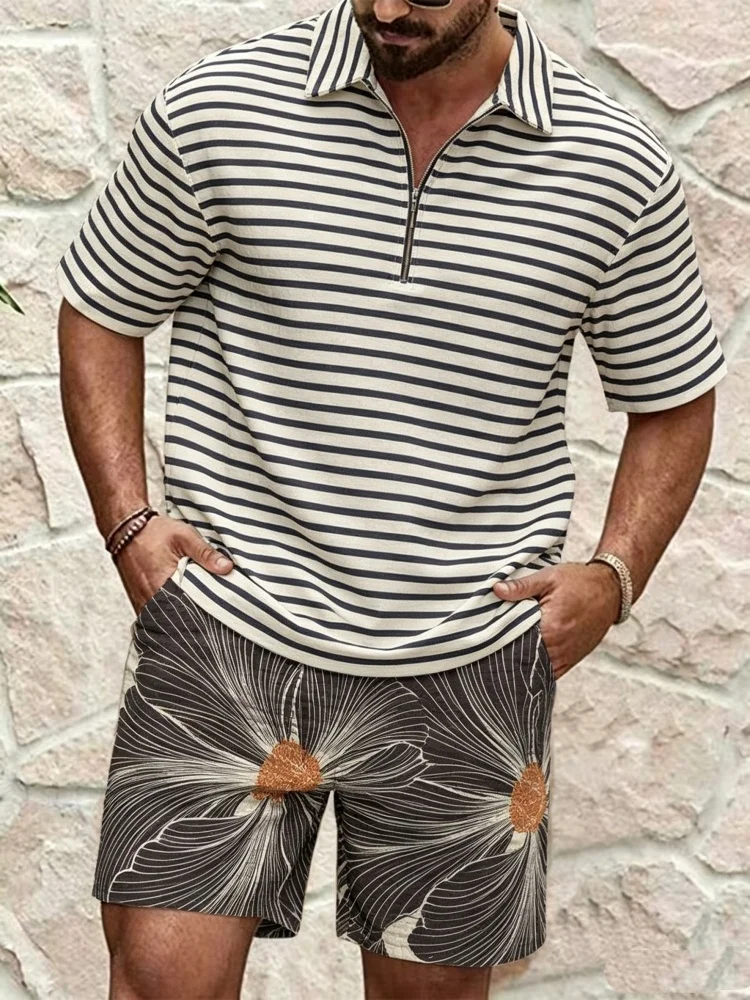 Men's Half-Zip Short Sleeve Shirt & Shorts Set, Loose Comfort Striped & Floral Print Casual Summer Outfit
Men's Half-Zip Short Sleeve Shirt & Shorts Set, Loose Comfort Striped & Floral Print Casual Summer Outfit