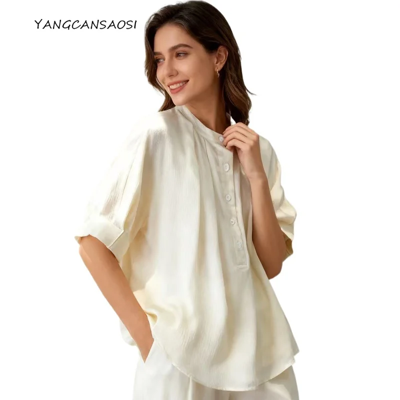 Women's Fashion Clothing 100% Natural Mulberry Silk Pearl Satin Stand Up Collar Short Sleeved Solid Office Commuting Shirt
Women's Fashion Clothing 100% Natural Mulberry Silk Pearl Satin Stand Up Collar Short Sleeved Solid Office Commuting Shirt