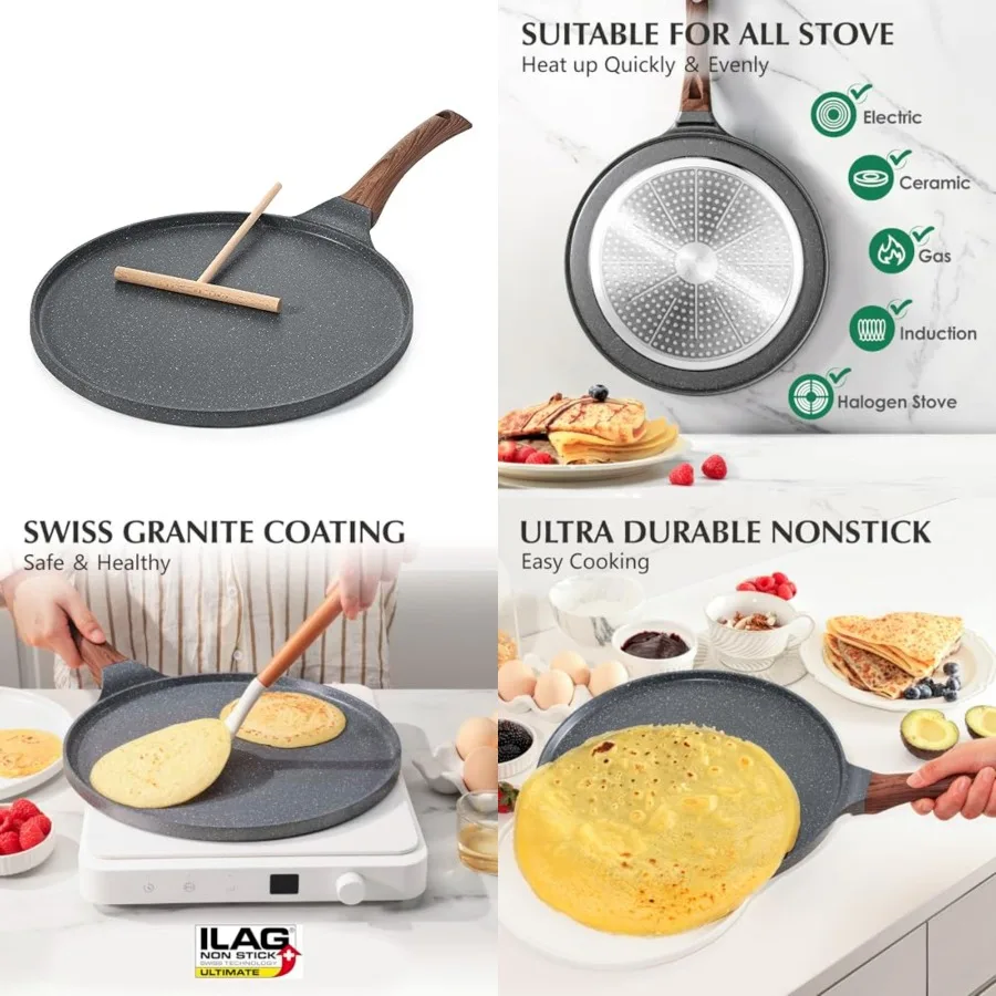 Nonstick Crepe Pan, Swiss Granite Coating Dosa Pan Pancake Flat Skillet Tawa Griddle with Stay-Cool Handle, duction Compatible
Nonstick Crepe Pan, Swiss Granite Coating Dosa Pan Pancake Flat Skillet Tawa Griddle with Stay-Cool Handle, duction Compatible