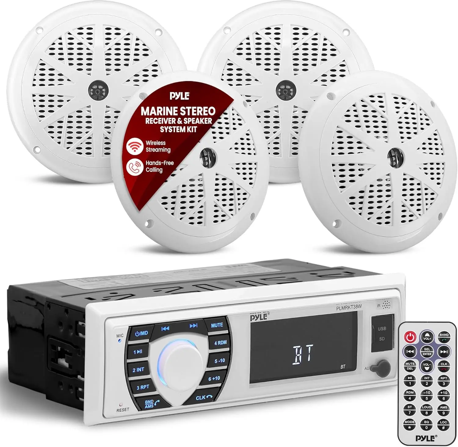 Waterproof Marine Bluetooth Radio with 4 Speakers, Remote Control, and Wiring Harness for Boat Dash Installation
Waterproof Marine Bluetooth Radio with 4 Speakers, Remote Control, and Wiring Harness for Boat Dash Installation