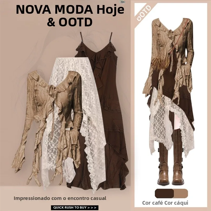 Fashionable Lace Trim Camisole Dress Set Women's Autumnal Desert Style Three Piece Suit including Spicy Top And Skirt
Fashionable Lace Trim Camisole Dress Set Women's Autumnal Desert Style Three Piece Suit including Spicy Top And Skirt