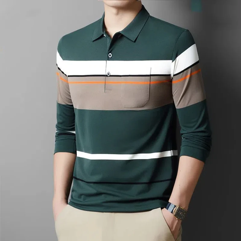 Long Sleeved Polo Shirt Men's Square Neck Pocket Striped Top Middle-aged Dad Outfit
Long Sleeved Polo Shirt Men's Square Neck Pocket Striped Top Middle-aged Dad Outfit