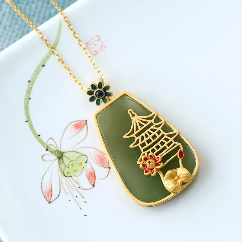 Ancient gold craft natural Hetian jade geometric flower enamel porcelain ancient pavilion luxury ladies silver jewelry
Ancient gold craft natural Hetian jade geometric flower enamel porcelain ancient pavilion luxury ladies silver jewelry