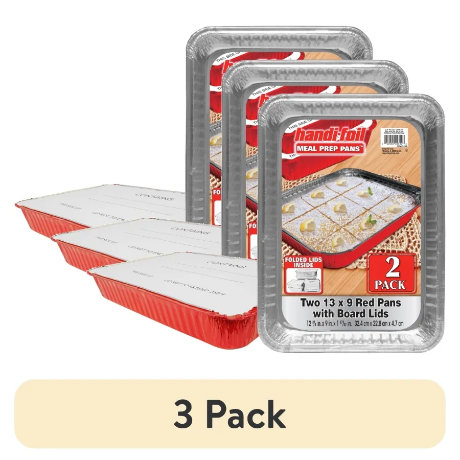 Meal prep pans for kitchen use, aluminum, red, 3-pack of 13 x 9 with board lids
Meal prep pans for kitchen use, aluminum, red, 3-pack of 13 x 9 with board lids