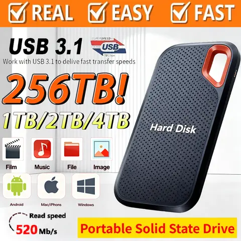 Original Hard Drive 1TB Portable SSD High Speed External Hard Drive 256TB USB3.1 Type-C Solid State Disk for Laptop/Phone/MAC