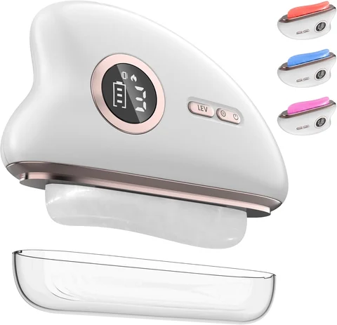 Electric facial massager with heat and vibration, 3 LED lights (red, blue, purple), anti-aging gua sha，jade blanco 100% natural