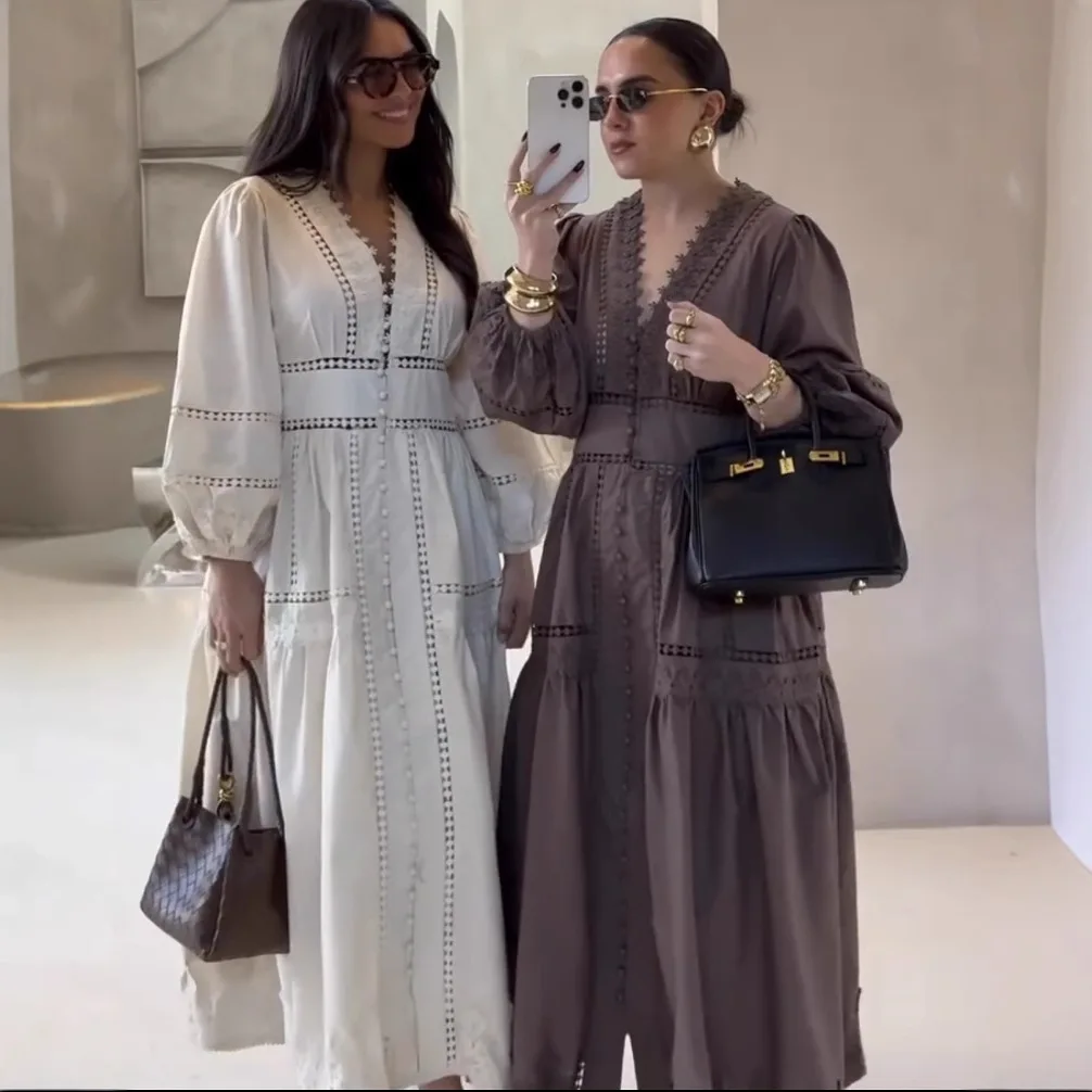 Elegant V-neck Hollow Out Long Dress Women Casual Loose Full Sleeve Single Breasted Dresses Female 2026 Chic Street Vestidos
Elegant V-neck Hollow Out Long Dress Women Casual Loose Full Sleeve Single Breasted Dresses Female 2026 Chic Street Vestidos