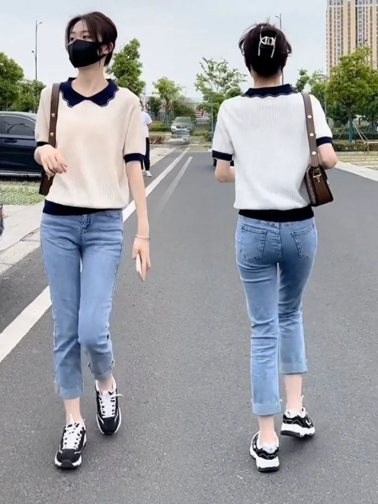 Ice Silk Short Sleeve T-Shirt High Waist Nine-Piece Jeans Set Women's Summer New Casual Slimming Two-Piece Trendy Fashion
Ice Silk Short Sleeve T-Shirt High Waist Nine-Piece Jeans Set Women's Summer New Casual Slimming Two-Piece Trendy Fashion