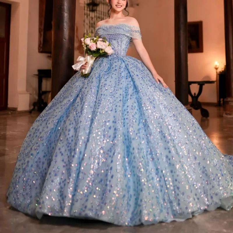 Blue Shiny Quinceanera Dresses Off Shoulder Ball Gown Sweet 16 Dress Beading Crystal Sequin Tull Birthday Party Vestidos 15 Anos
Blue Shiny Quinceanera Dresses Off Shoulder Ball Gown Sweet 16 Dress Beading Crystal Sequin Tull Birthday Party Vestidos 15 Anos