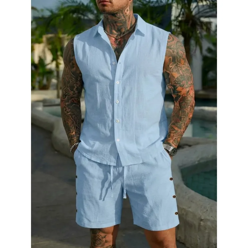 Men's Summer Casual Beach Lapel Shirt Set Cotton-linen Solid-Color Sleeveless Shirt And Shorts Fashionable Comfortable 2-Piece
Men's Summer Casual Beach Lapel Shirt Set Cotton-linen Solid-Color Sleeveless Shirt And Shorts Fashionable Comfortable 2-Piece