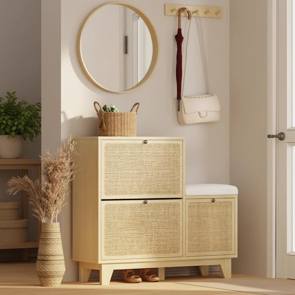 xx-Modern Rattan Wood Shoe Cabinet with 3 Flip Drawers & Sofa Seat Storage Comfortable Bench Wood Shoe Rack for Living Room*
xx-Modern Rattan Wood Shoe Cabinet with 3 Flip Drawers & Sofa Seat Storage Comfortable Bench Wood Shoe Rack for Living Room*