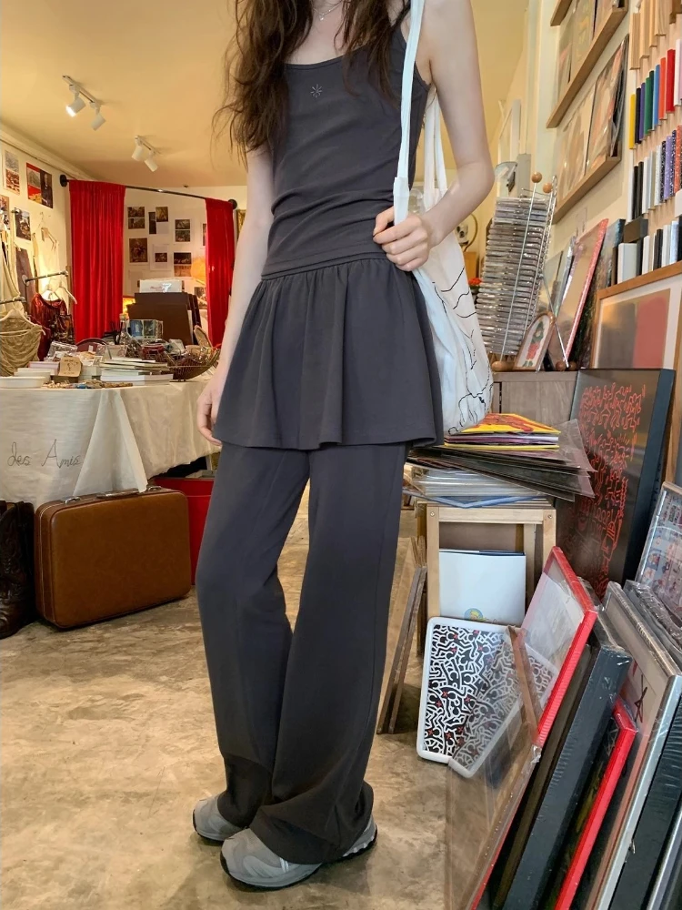 Deeptown Gray Fake Two-Piece Flared Pants Women Korean Fashion Skirts Patchwork Trousers Slim Casual Street Coquette Pantalones
Deeptown Gray Fake Two-Piece Flared Pants Women Korean Fashion Skirts Patchwork Trousers Slim Casual Street Coquette Pantalones