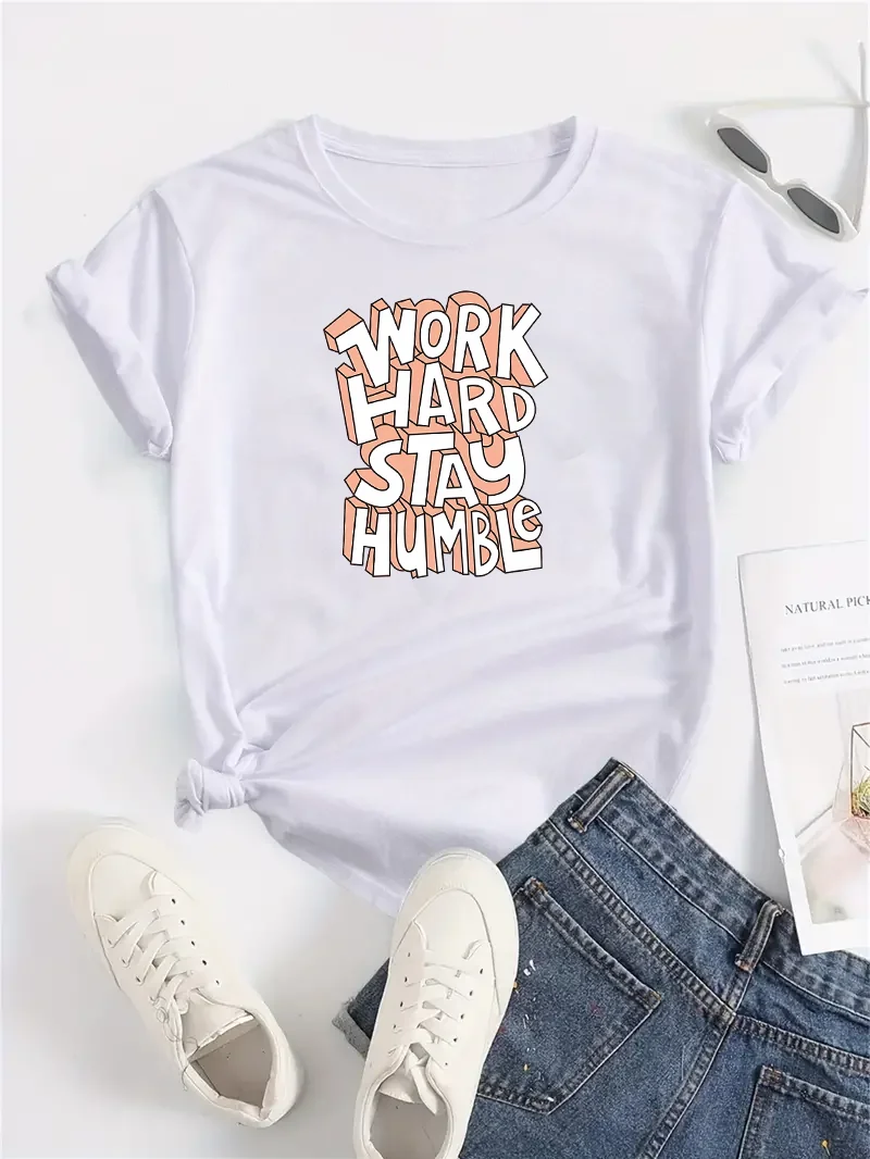 English letter printed women's solid round neck T-shirt, fashionable and fashionable, loose and comfortable women's summer casua
English letter printed women's solid round neck T-shirt, fashionable and fashionable, loose and comfortable women's summer casua