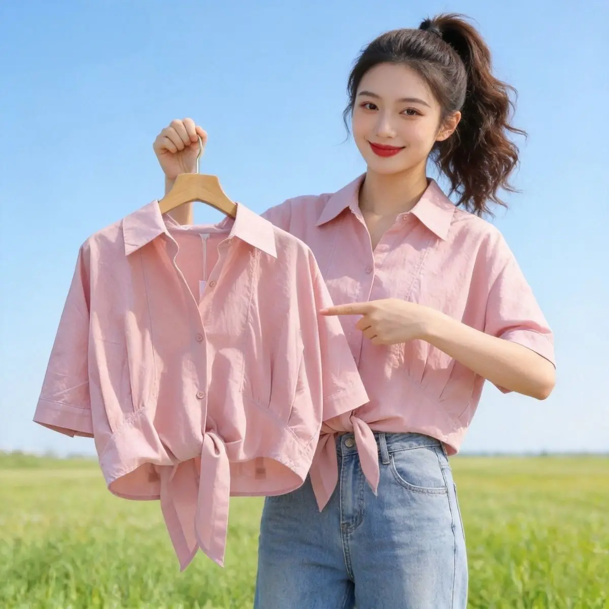 Pink Pure Cotton Short Shirt Women's Loose Fit Summer Design Versatile Short Sleeve Top with Belt Knot Casual Style A-Line Shirt
Pink Pure Cotton Short Shirt Women's Loose Fit Summer Design Versatile Short Sleeve Top with Belt Knot Casual Style A-Line Shirt