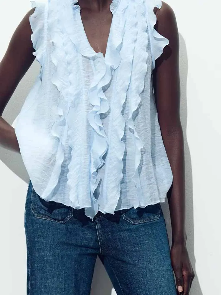 European and American style women's summer new fashion versatile layered decorative drape sleeveless translucent V-neck top
European and American style women's summer new fashion versatile layered decorative drape sleeveless translucent V-neck top