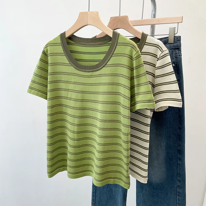 Summer Striped Sweater Tops Women Knit T-shirts Tees Casual Elegant Fashion Ladies Pullovers Short Sleeve O-neck Knitwear Jumper
Summer Striped Sweater Tops Women Knit T-shirts Tees Casual Elegant Fashion Ladies Pullovers Short Sleeve O-neck Knitwear Jumper