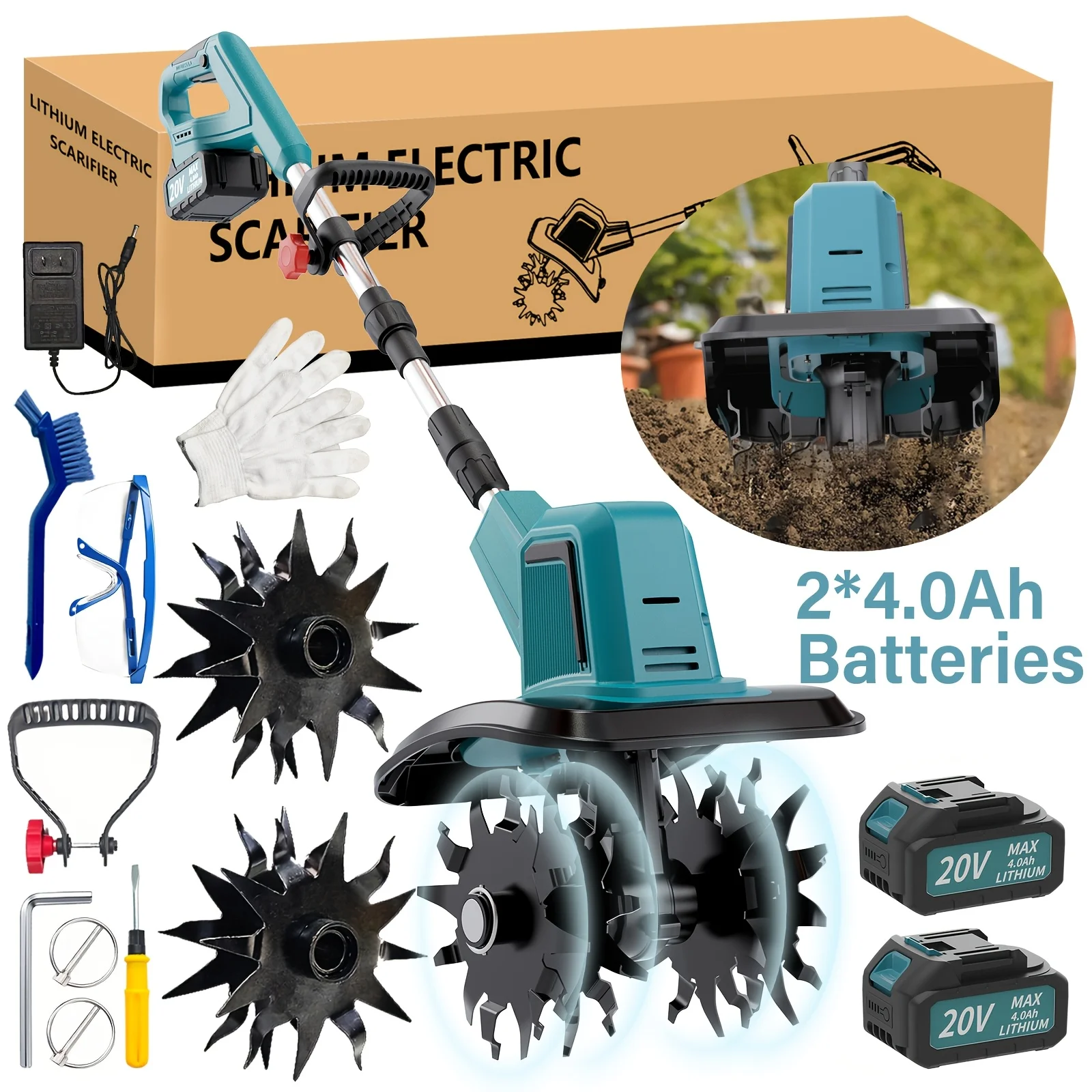 20V Cordless Tiller Cultivator with 4 * 12 Steel Tines, 9-inch Wide Battery Powered Garden Cultivator, Mini Tiller for Gardening (2.0/4.0AH Batteries And Charger Included) Fathers Day Gift, Christmas Gift, Shipped From Local Warehouse
20V Cordless Tiller Cultivator with 4 * 12 Steel Tines, 9-inch Wide Battery Powered Garden Cultivator, Mini Tiller for Gardening (2.0/4.0AH Batteries And Charger Included) Fathers Day Gift, Christmas Gift, Shipped From Local Warehouse