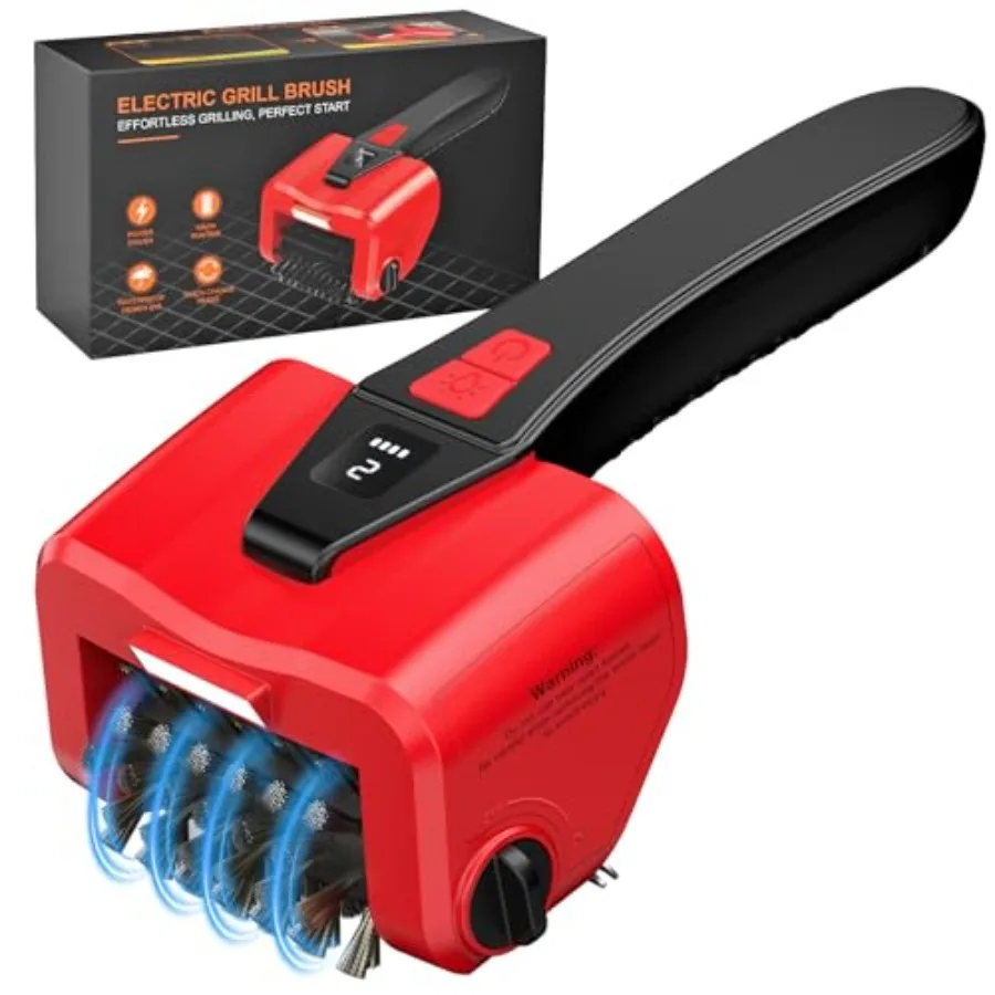 Outdoor electric grill brush for BBQ cleaning: bristle-free spinning design, black with gray accents, LED light and dual-speed
Outdoor electric grill brush for BBQ cleaning: bristle-free spinning design, black with gray accents, LED light and dual-speed