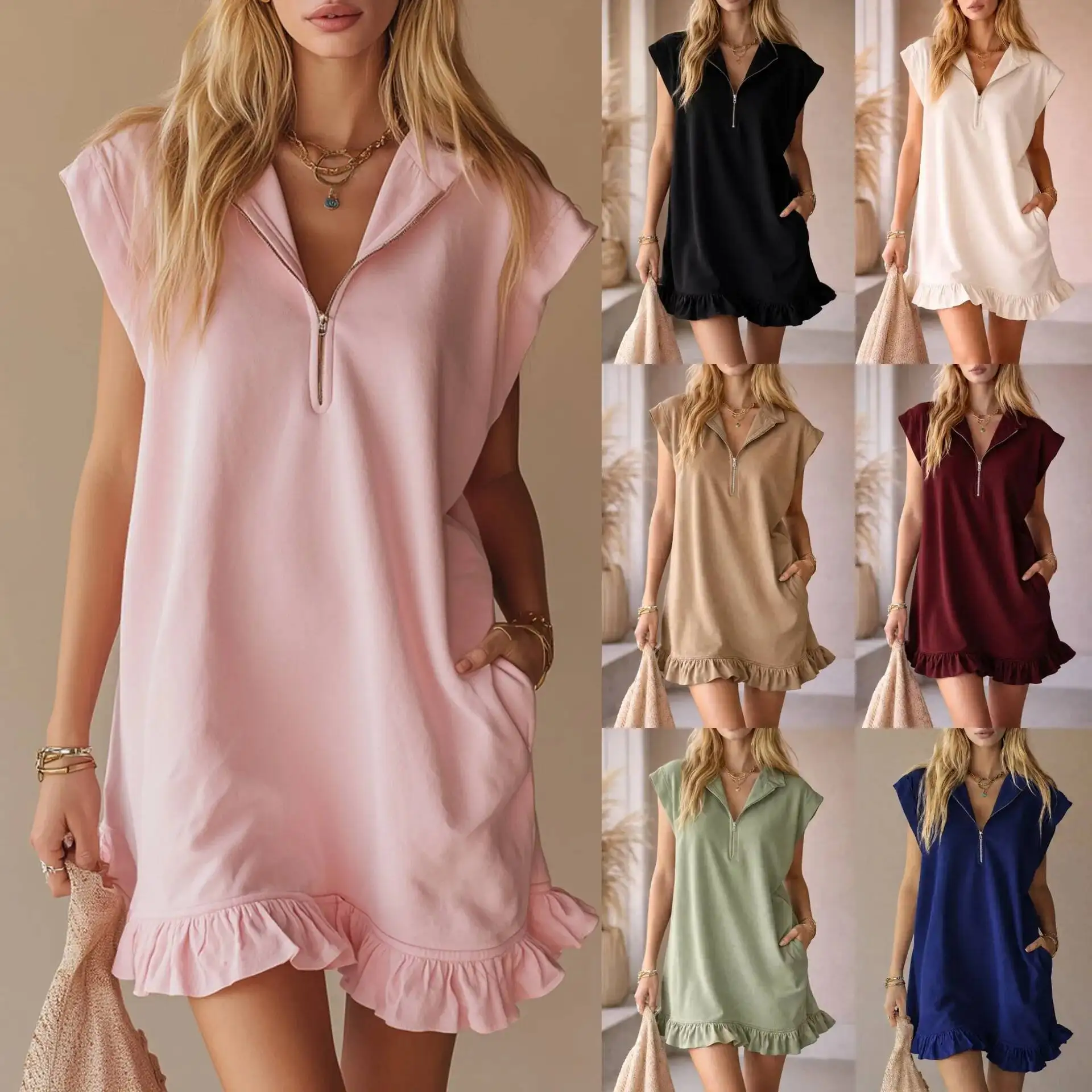 2026 Sleeveless Double Pocket Dress Zipper V-Neck Lotus Leaf Edge A-shaped Dress Women T Shirt Dress With Pockets
2026 Sleeveless Double Pocket Dress Zipper V-Neck Lotus Leaf Edge A-shaped Dress Women T Shirt Dress With Pockets