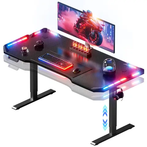 47/55inch Electric Height Adjustable Table, Ergonomic Gaming Desk with LED Lights, Carbon Fiber Desktop for Home Office