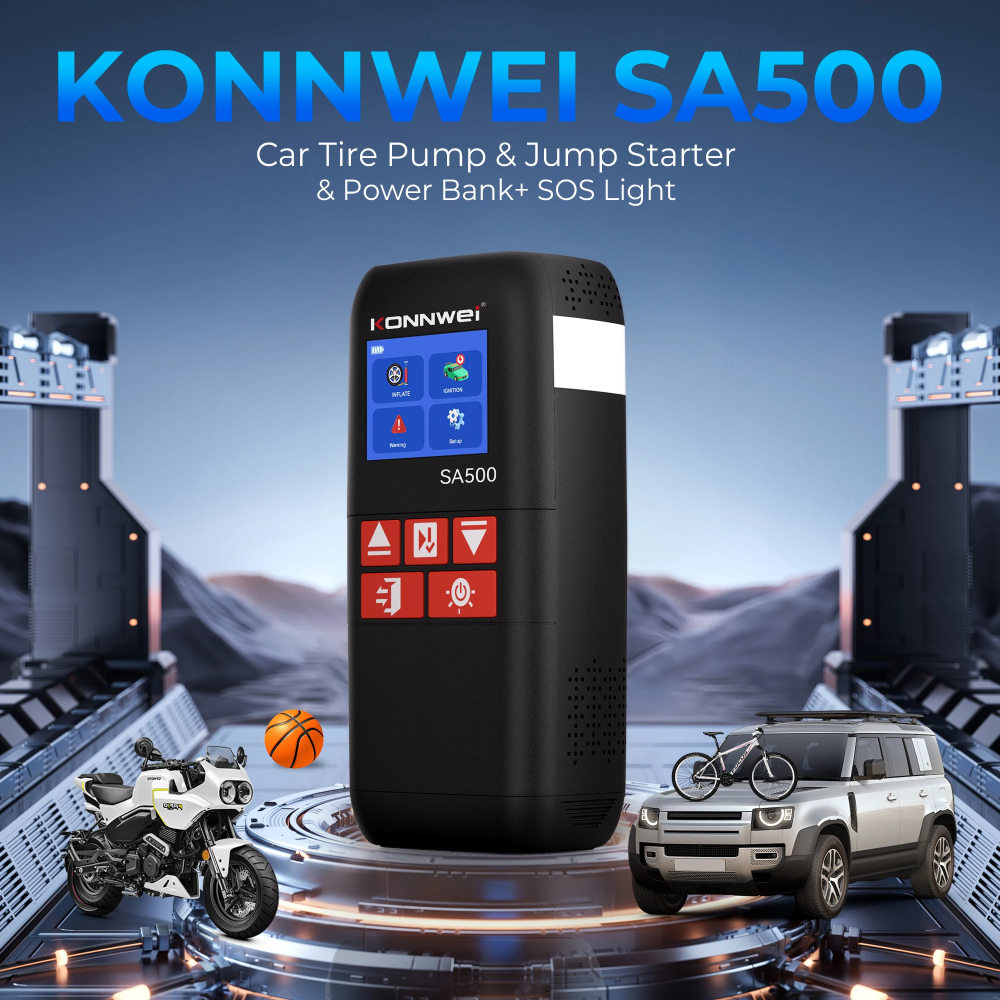 3 in 1 Tyre Inflator and Jump Starter 120psi air Pump Konnwei SA500 Car Tyre Inflator Pump& Jump Starter& Power Bank& SOS Light
3 in 1 Tyre Inflator and Jump Starter 120psi air Pump Konnwei SA500 Car Tyre Inflator Pump& Jump Starter& Power Bank& SOS Light