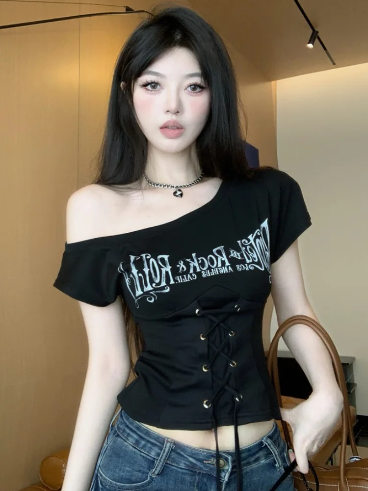 Sexy American Fashion Letter Print Short Sleeve T-Shirt Crossed Strap Slimming Belly Button Exposure Top for Women
Sexy American Fashion Letter Print Short Sleeve T-Shirt Crossed Strap Slimming Belly Button Exposure Top for Women