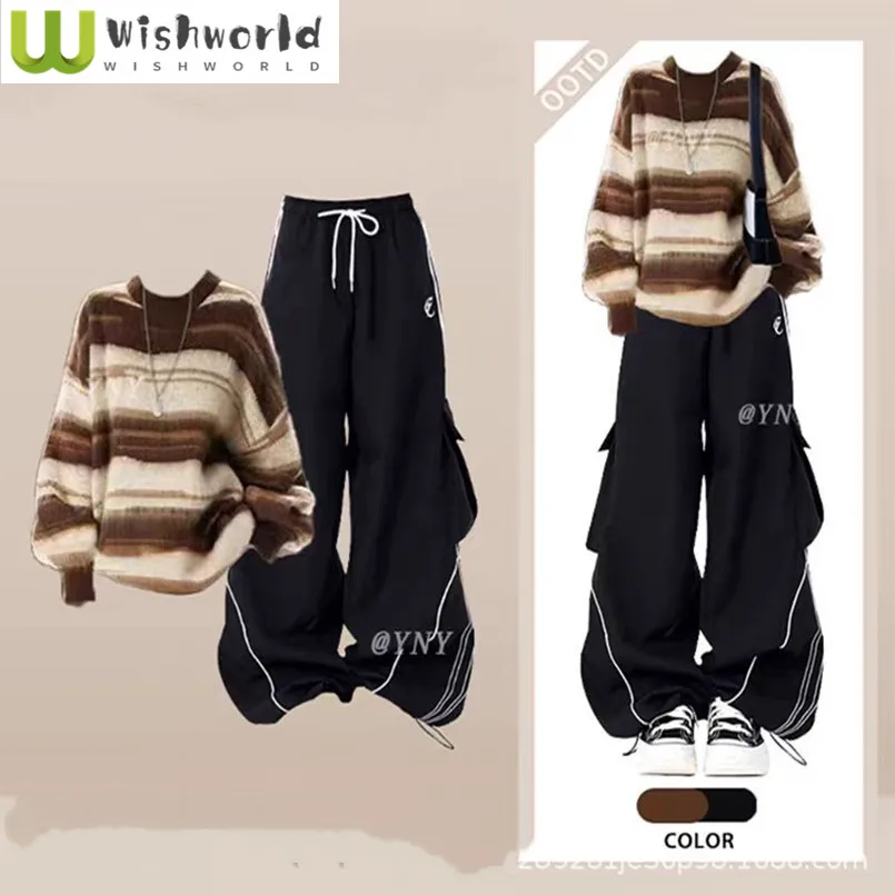 Striped Sweater Wide Leg Pants Set for Women's Autumn and Winter Korean Version High-end Sporty Style Two-piece Set
Striped Sweater Wide Leg Pants Set for Women's Autumn and Winter Korean Version High-end Sporty Style Two-piece Set