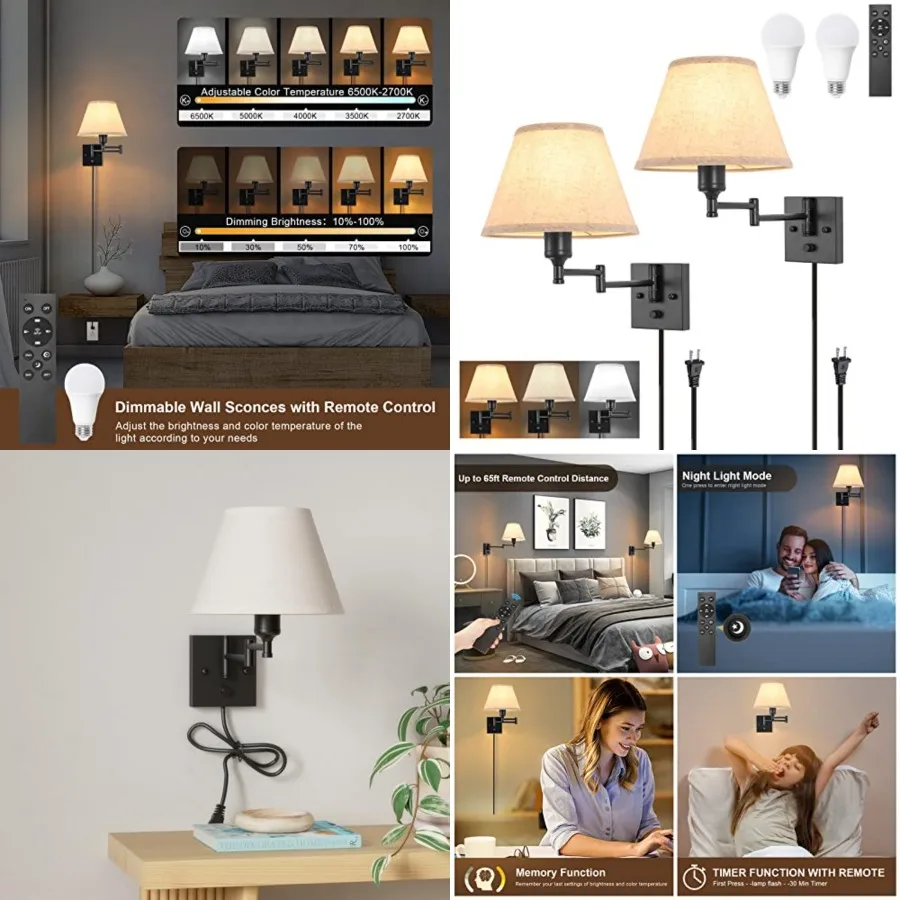 Wall Sconce with Remote Control, Dimming 10%-100% and Adjustable Color Temperature 2700K-6500K Swing Arm Wall Lights with Plug
Wall Sconce with Remote Control, Dimming 10%-100% and Adjustable Color Temperature 2700K-6500K Swing Arm Wall Lights with Plug