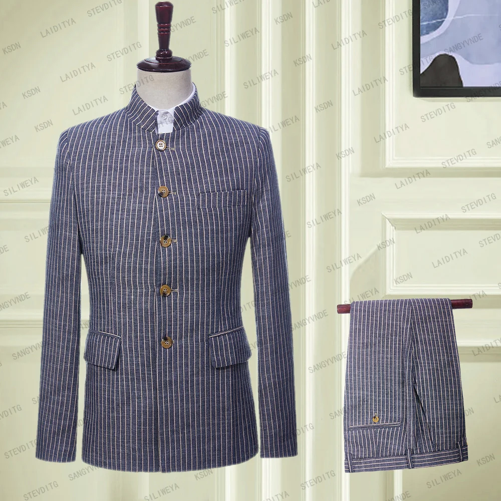 Men Suit Blazer Summer Tradition Stand Lapel Navy Blue Classic Stripe Two Piece Coat Pants Linen Leisure Costume Homme 2023
Men Suit Blazer Summer Tradition Stand Lapel Navy Blue Classic Stripe Two Piece Coat Pants Linen Leisure Costume Homme 2023