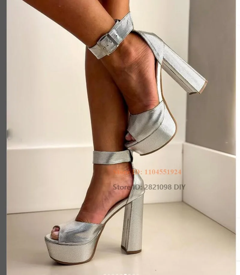 Open Toe Silver Printed Leather Platform Concise Ankle Wrap Big Buckle Chunky High Heeled Shoes Women Summer Sandals
Open Toe Silver Printed Leather Platform Concise Ankle Wrap Big Buckle Chunky High Heeled Shoes Women Summer Sandals